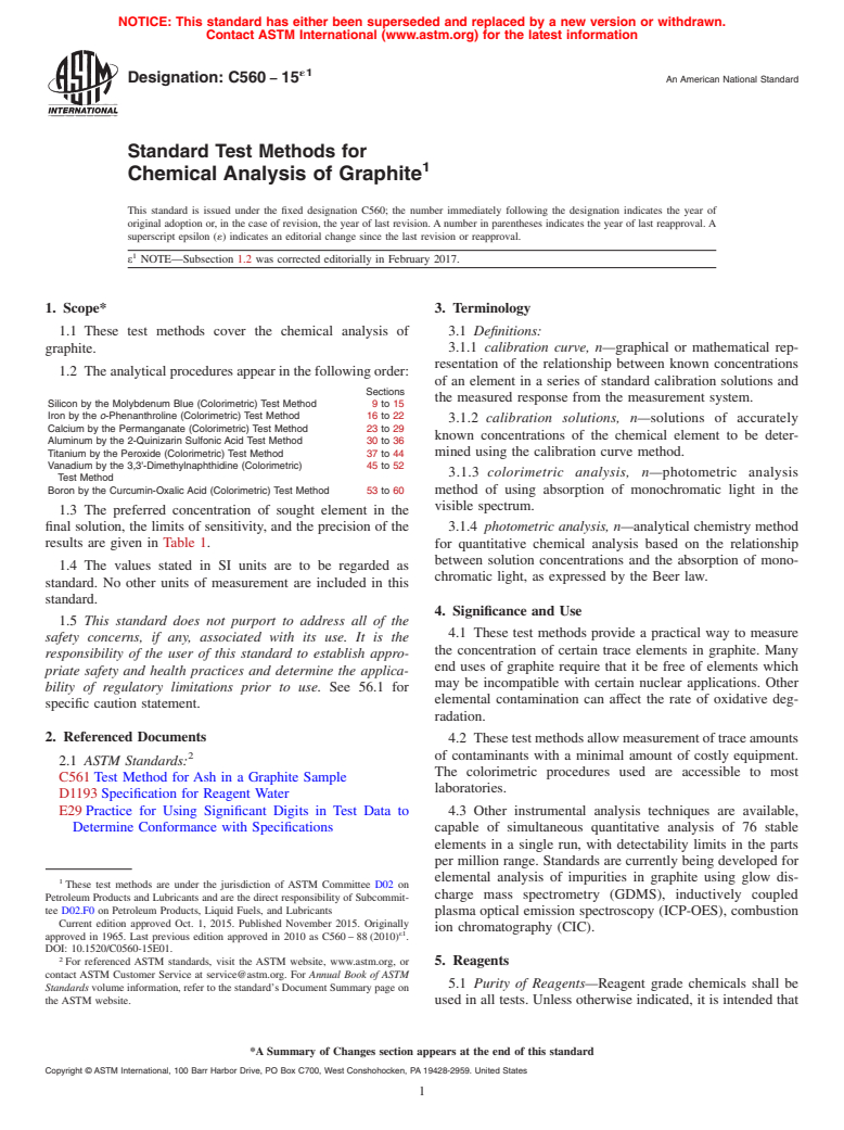 ASTM C560-15e1 - Standard Test Methods for  Chemical Analysis of Graphite