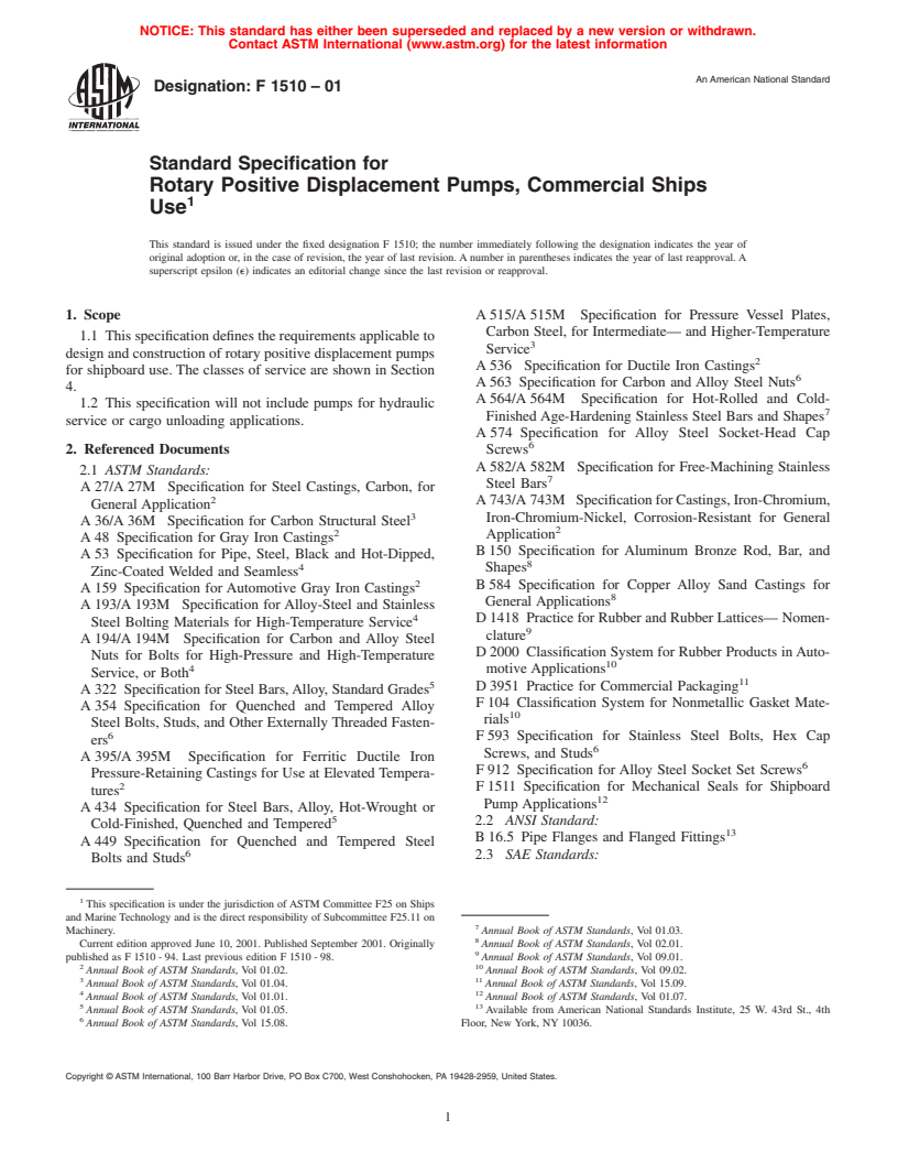 ASTM F1510-01 - Standard Specification for Rotary Positive Displacement Pumps, Commercial Ships Use