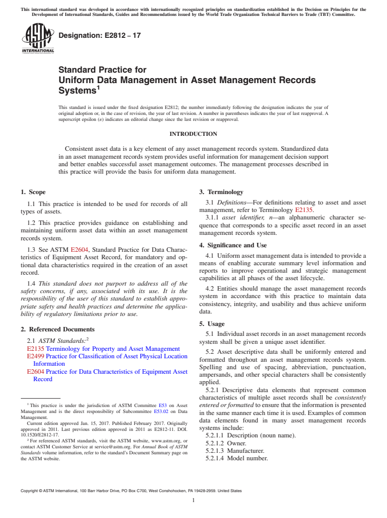 ASTM E2812-17 - Standard Practice for Uniform Data Management in Asset Management Records Systems