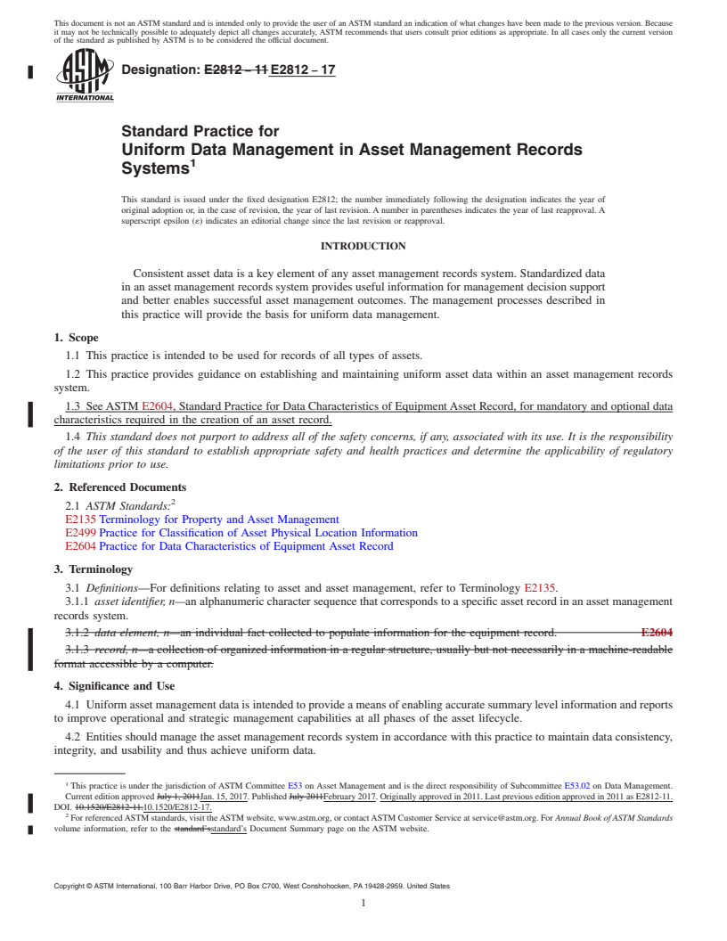 REDLINE ASTM E2812-17 - Standard Practice for Uniform Data Management in Asset Management Records Systems