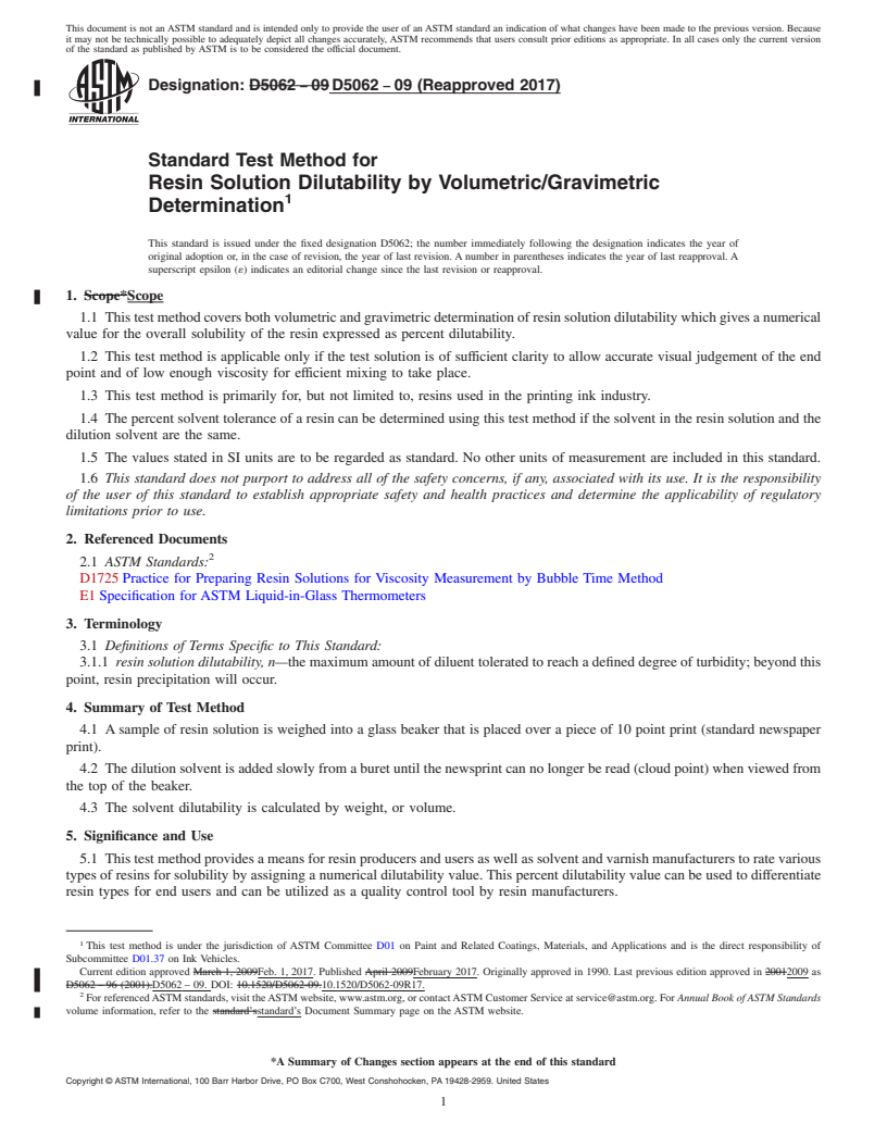 REDLINE ASTM D5062-09(2017) - Standard Test Method for Resin Solution Dilutability by Volumetric/Gravimetric Determination