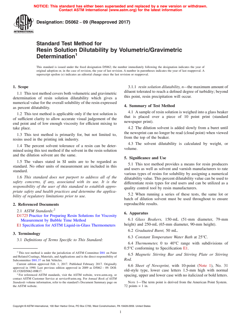 ASTM D5062-09(2017) - Standard Test Method for Resin Solution Dilutability by Volumetric/Gravimetric Determination