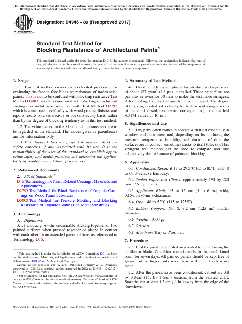 ASTM D4946-89(2017) - Standard Test Method for Blocking Resistance of Architectural Paints