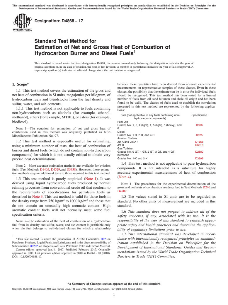 ASTM D4868-17 - Standard Test Method for  Estimation of Net and Gross Heat of Combustion of Hydrocarbon  Burner and Diesel Fuels