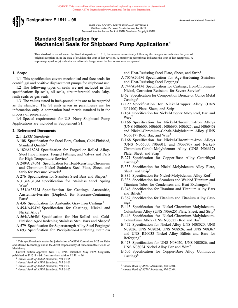 ASTM F1511-98 - Standard Specification for Mechanical Seals for Shipboard Pump Applications