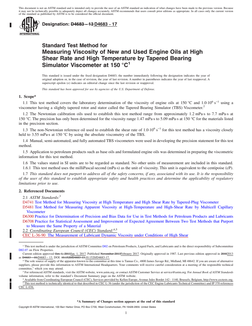 REDLINE ASTM D4683-17 - Standard Test Method for  Measuring Viscosity of New and Used Engine Oils at High Shear   Rate and High Temperature by Tapered Bearing Simulator Viscometer   at 150&#x2009;&#xb0;C