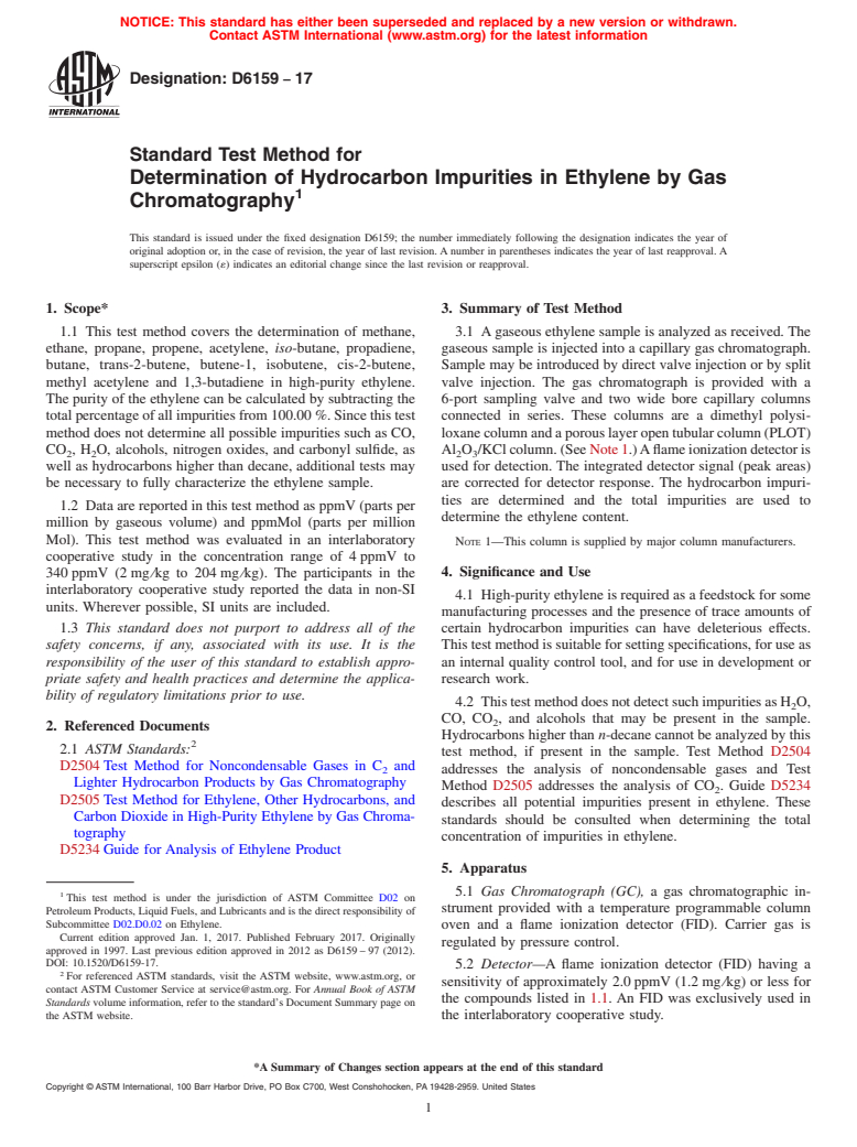 ASTM D6159-17 - Standard Test Method for  Determination of Hydrocarbon Impurities in Ethylene by Gas  Chromatography