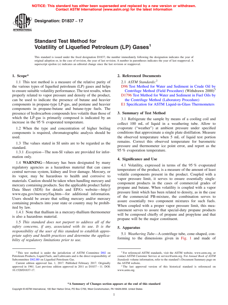 ASTM D1837-17 - Standard Test Method for  Volatility of Liquefied Petroleum (LP) Gases (Withdrawn 2017)