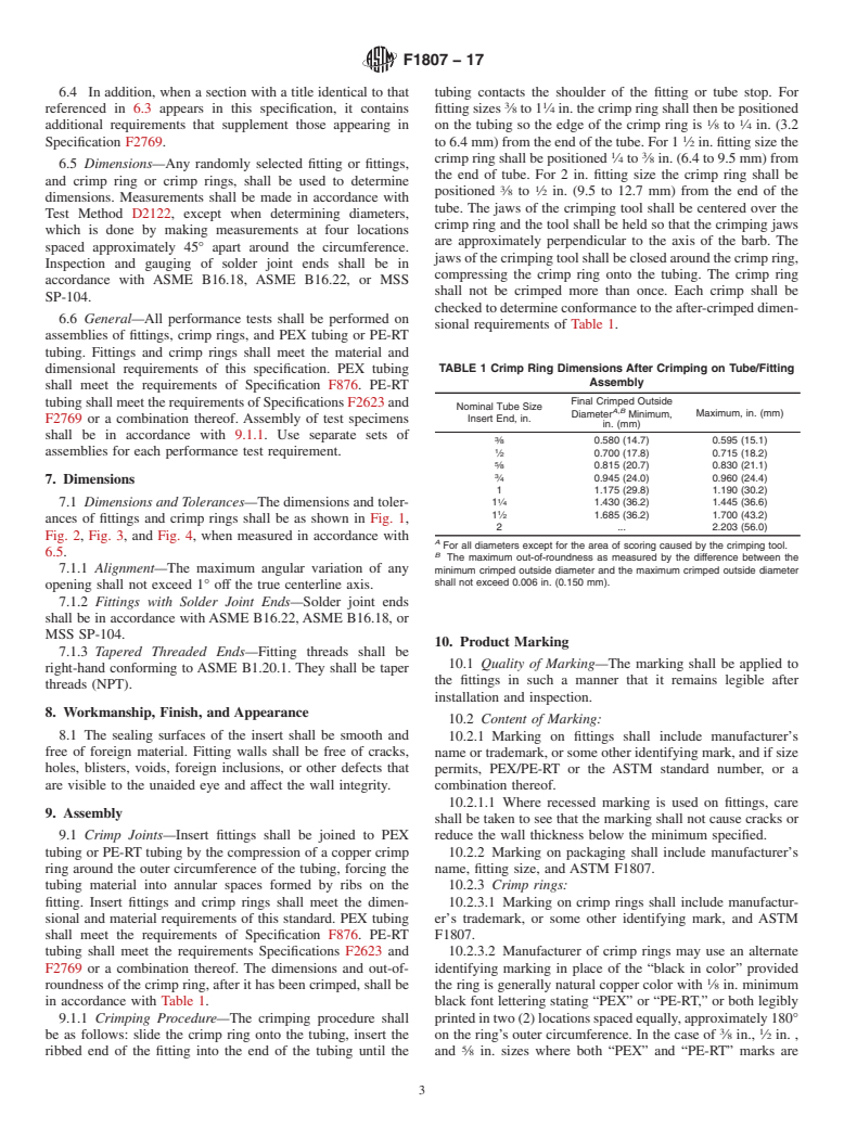 ASTM F1807-17 - Standard Specification for  Metal Insert Fittings Utilizing a Copper Crimp Ring for SDR9   Cross-linked Polyethylene (PEX) Tubing and SDR9 Polyethylene of Raised   Temperature (PE-RT) Tubing