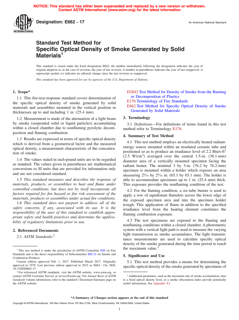 ASTM E662-17 - Standard Test Method for  Specific Optical Density of Smoke Generated by Solid Materials