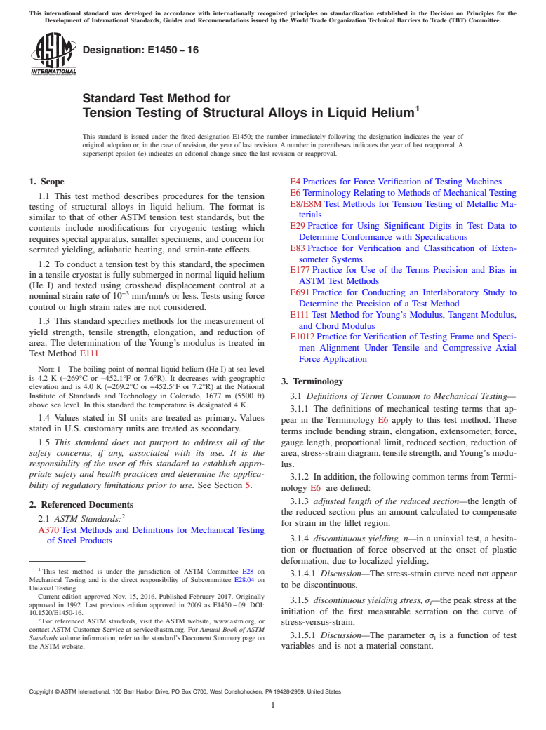 ASTM E1450-16 - Standard Test Method for  Tension Testing of Structural Alloys in Liquid Helium
