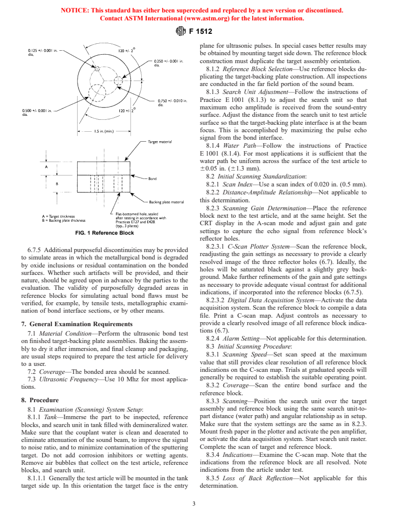 ASTM F1512-94(1999) - Standard Practice for Ultrasonic C-Scan Bond Evaluation of Sputtering Target-Backing Plate Assemblies