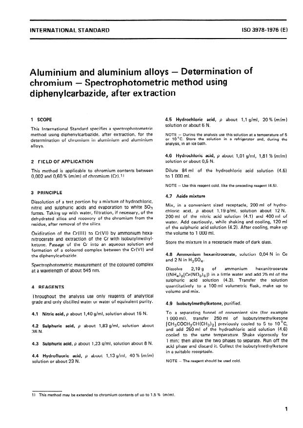 ISO 3978:1976 - Aluminium and aluminium alloys -- Determination of chromium -- Spectrophotometric method using diphenylcarbazide, after extraction