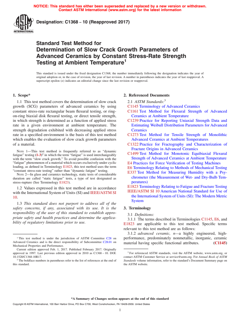 ASTM C1368-10(2017) - Standard Test Method for Determination of Slow Crack Growth Parameters of Advanced Ceramics  by Constant Stress-Rate Strength Testing at Ambient Temperature