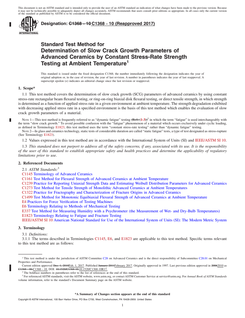 REDLINE ASTM C1368-10(2017) - Standard Test Method for Determination of Slow Crack Growth Parameters of Advanced Ceramics  by Constant Stress-Rate Strength Testing at Ambient Temperature