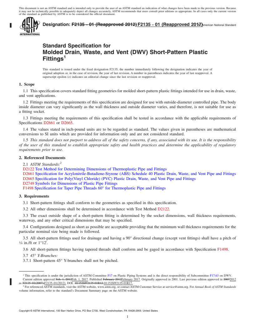 REDLINE ASTM F2135-01(2017) - Standard Specification for Molded Drain, Waste, and Vent (DWV) Short-Pattern Plastic Fittings