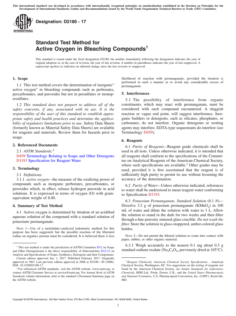ASTM D2180-17 - Standard Test Method for  Active Oxygen in Bleaching Compounds