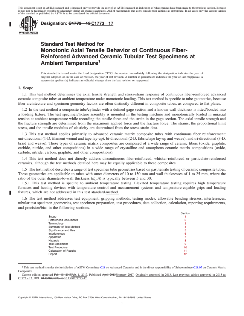 REDLINE ASTM C1773-17 - Standard Test Method for Monotonic Axial Tensile Behavior of Continuous Fiber-Reinforced  Advanced Ceramic Tubular Test Specimens at Ambient Temperature