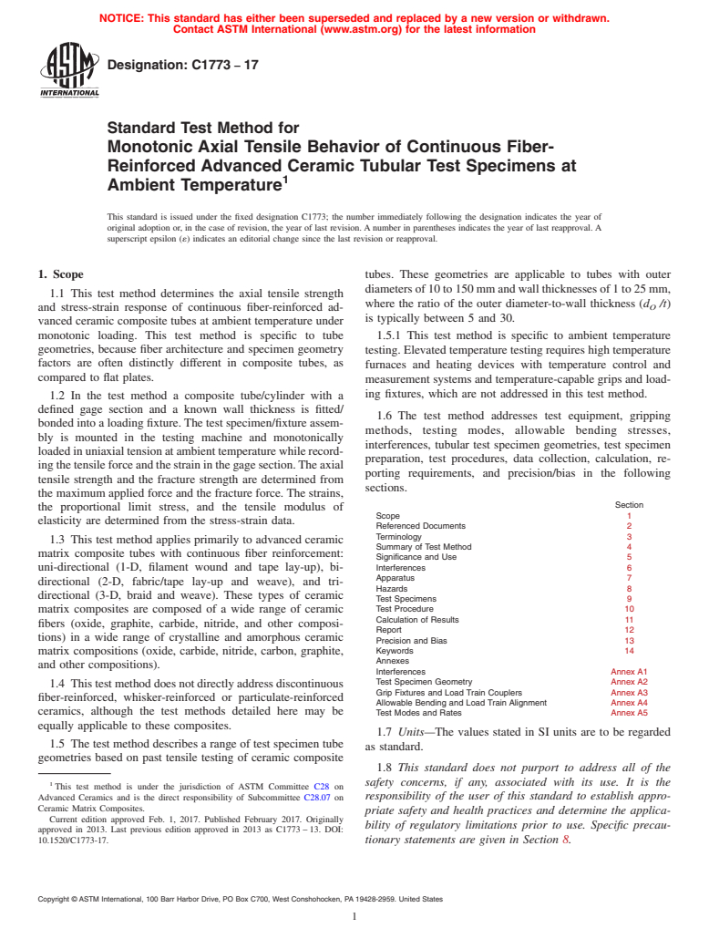 ASTM C1773-17 - Standard Test Method for Monotonic Axial Tensile Behavior of Continuous Fiber-Reinforced  Advanced Ceramic Tubular Test Specimens at Ambient Temperature