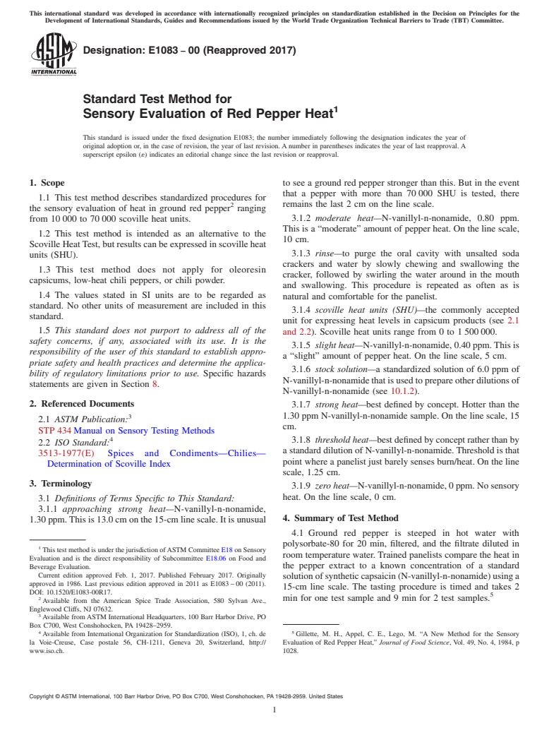 ASTM E1083-00(2017) - Standard Test Method for  Sensory Evaluation of Red Pepper Heat