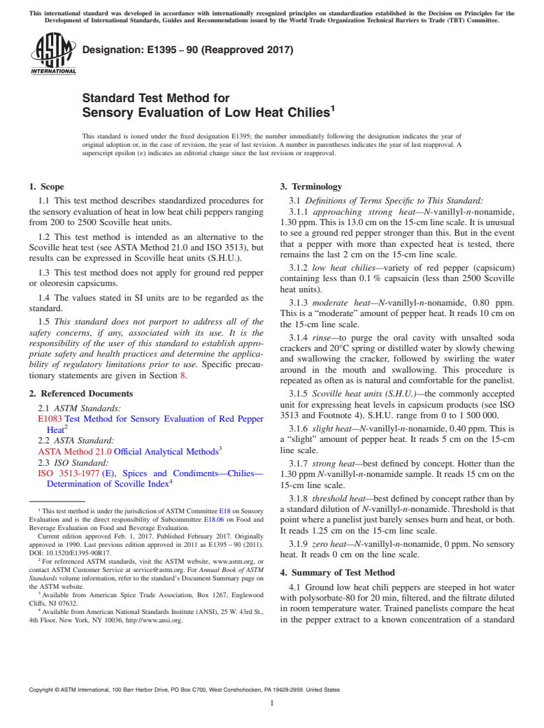 ASTM E1395-90(2017) - Standard Test Method for  Sensory Evaluation of Low Heat Chilies