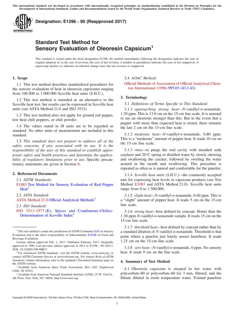 ASTM E1396-90(2017) - Standard Test Method for  Sensory Evaluation of Oleoresin Capsicum