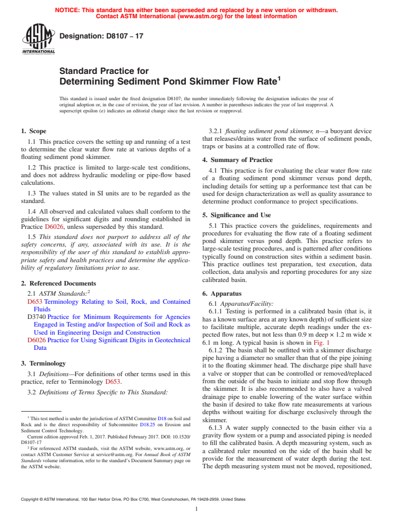 ASTM D8107-17 - Standard Practice for Determining Sediment Pond Skimmer Flow Rate