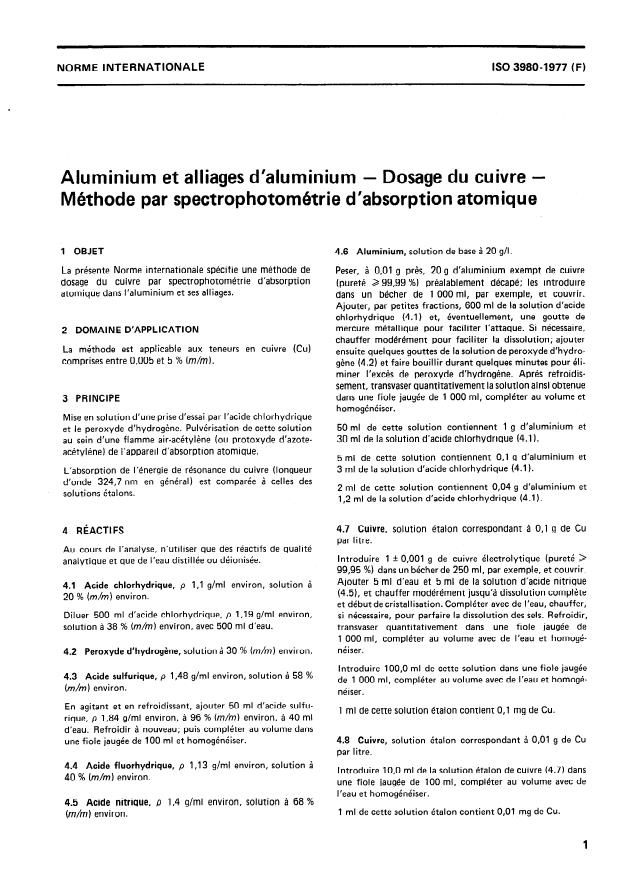 ISO 3980:1977 - Aluminium et alliages d'aluminium -- Dosage du cuivre -- Méthode par spectrophotométrie d'absorption atomique
