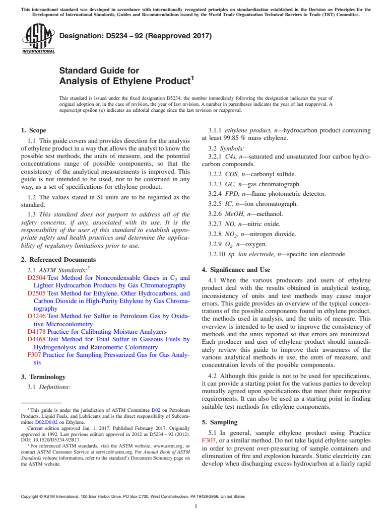 ASTM D5234-92(2017) - Standard Guide for  Analysis of Ethylene Product