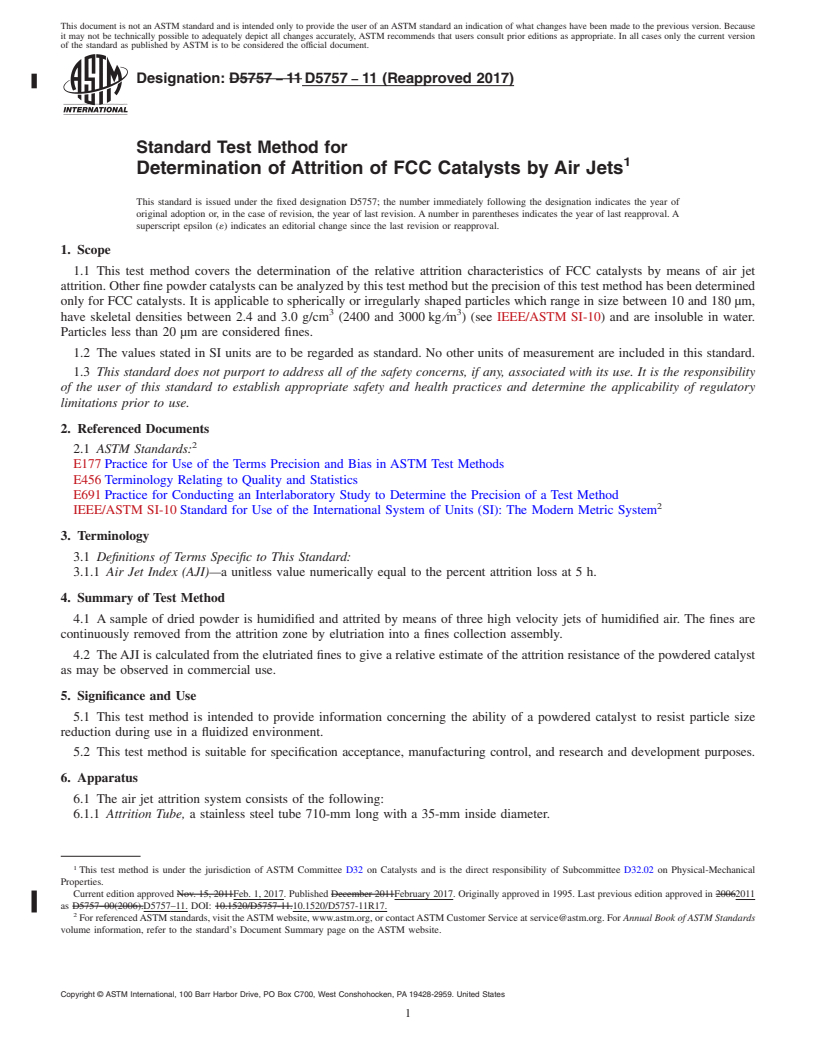 REDLINE ASTM D5757-11(2017) - Standard Test Method for  Determination of Attrition of FCC Catalysts by Air Jets