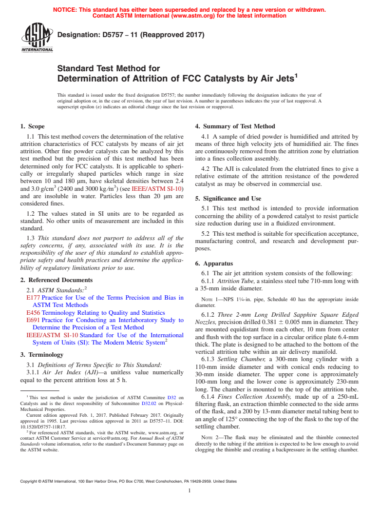 ASTM D5757-11(2017) - Standard Test Method for  Determination of Attrition of FCC Catalysts by Air Jets