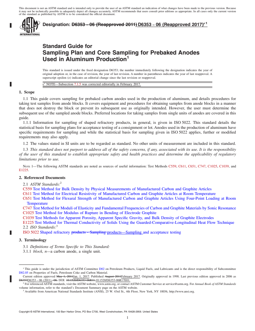 REDLINE ASTM D6353-06(2017)e1 - Standard Guide for  Sampling Plan and Core Sampling for Prebaked Anodes Used in   Aluminum Production