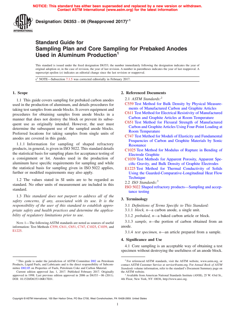 ASTM D6353-06(2017)e1 - Standard Guide for  Sampling Plan and Core Sampling for Prebaked Anodes Used in   Aluminum Production