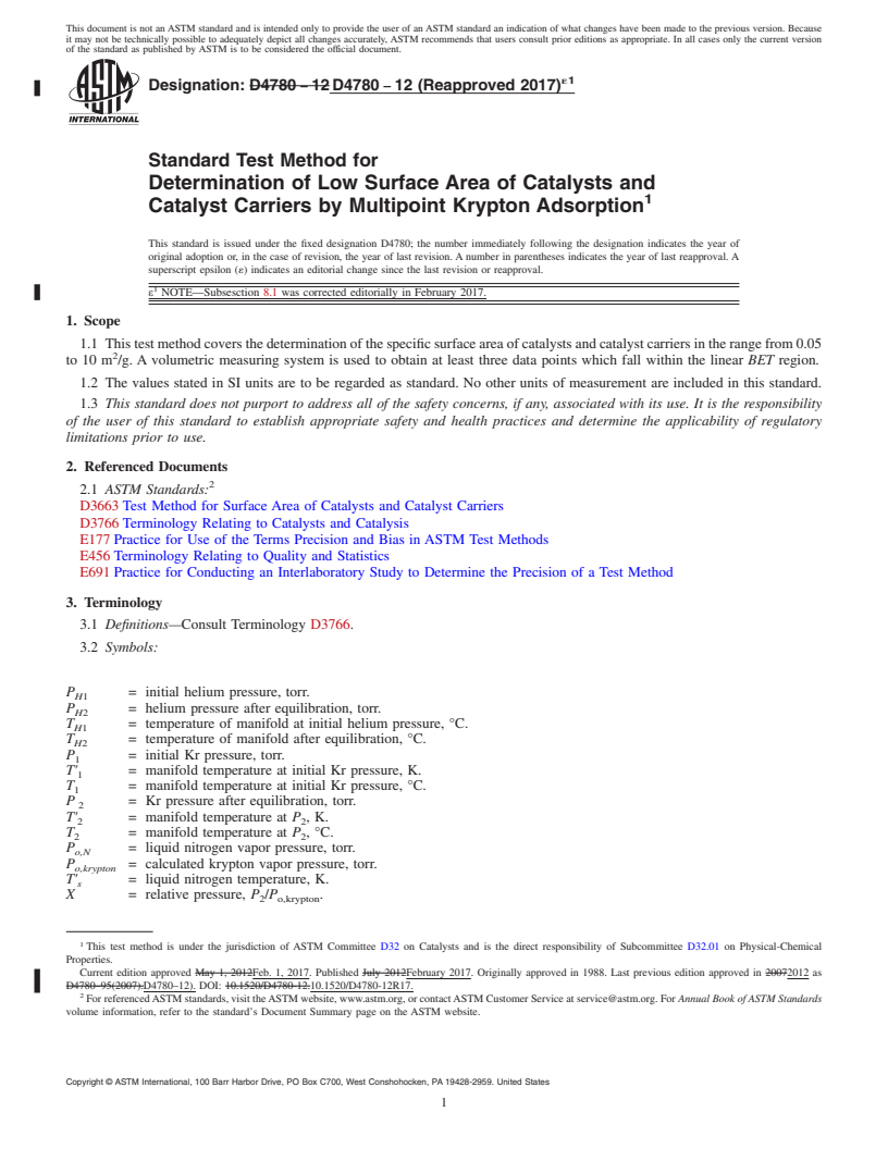 REDLINE ASTM D4780-12(2017)e1 - Standard Test Method for  Determination of Low Surface Area of Catalysts and Catalyst  Carriers by Multipoint Krypton Adsorption