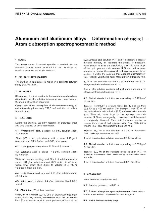 ISO 3981:1977 - Aluminium and aluminium alloys -- Determination of nickel -- Atomic absorption spectrophotometric method
