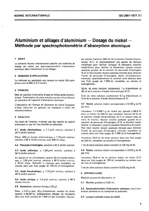 ISO 3981:1977 - Aluminium et alliages d'aluminium -- Dosage du nickel -- Méthode par spectrophotométrie d'absorption atomique