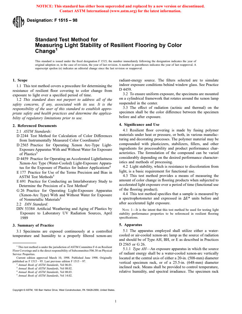 ASTM F1515-98 - Standard Test Method for Measuring Light Stability of Resilient Vinyl Flooring by Color Change