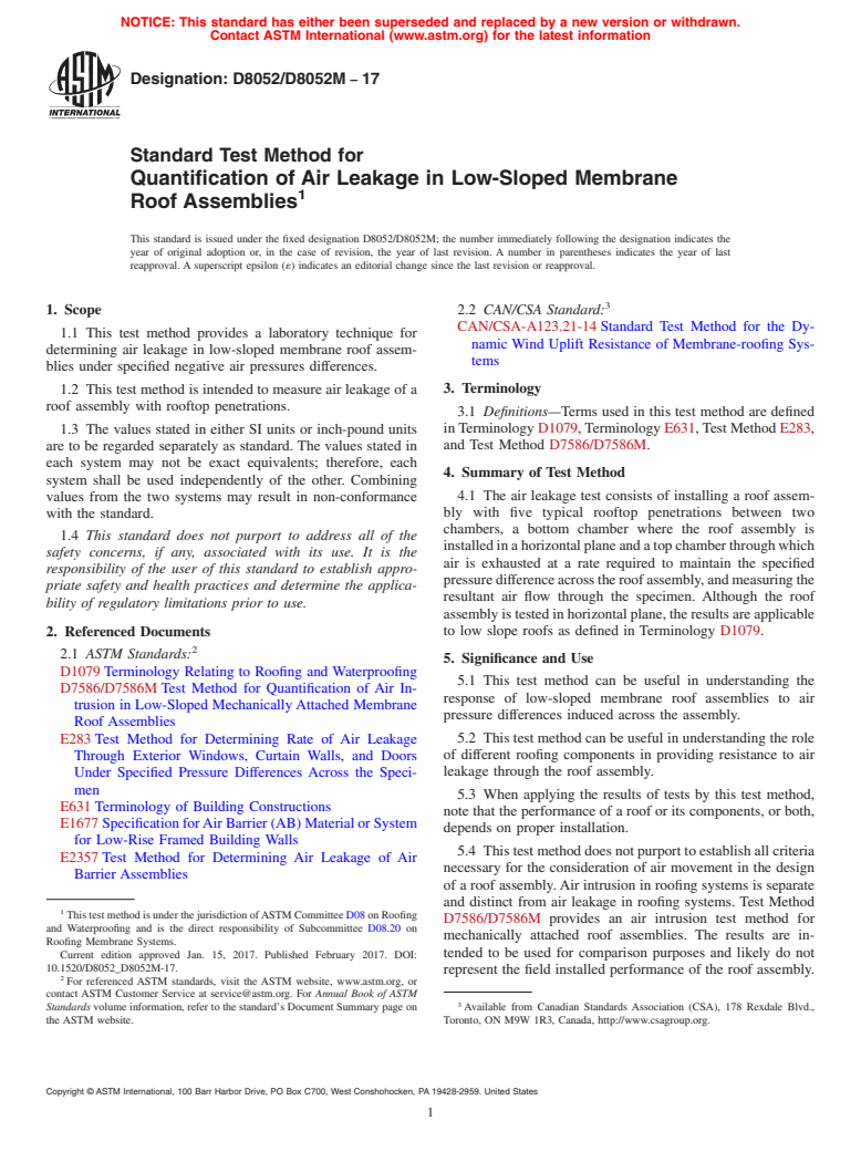 ASTM D8052/D8052M-17 - Standard Test Method for Quantification of Air Leakage in Low-Sloped Membrane Roof Assemblies