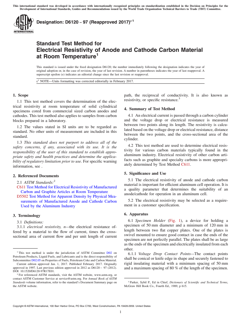 ASTM D6120-97(2017)e1 - Standard Test Method for Electrical Resistivity of Anode and Cathode Carbon Material  at Room Temperature