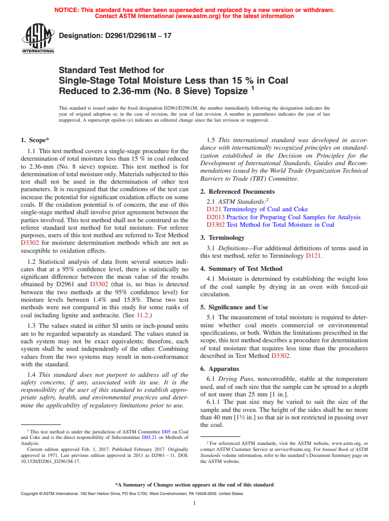 ASTM D2961/D2961M-17 - Standard Test Method for  Single-Stage Total Moisture Less than 15 % in Coal Reduced  to 2.36-mm (No. 8 Sieve) Topsize