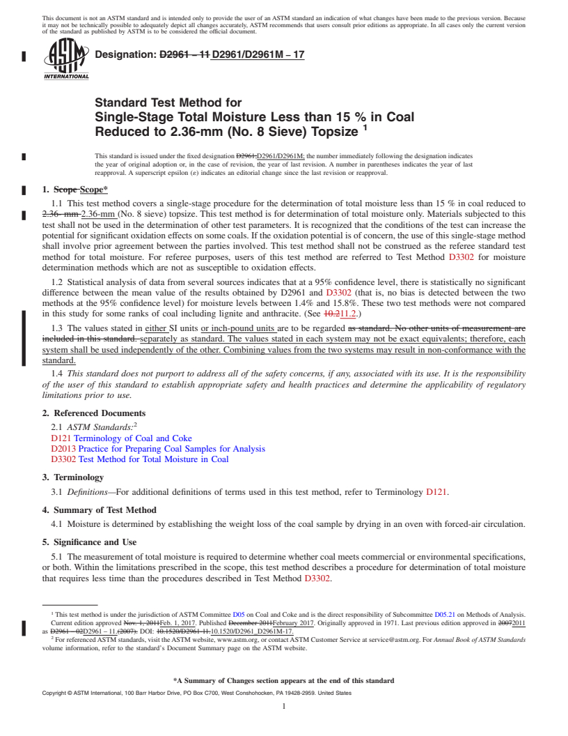 REDLINE ASTM D2961/D2961M-17 - Standard Test Method for  Single-Stage Total Moisture Less than 15 % in Coal Reduced  to 2.36-mm (No. 8 Sieve) Topsize