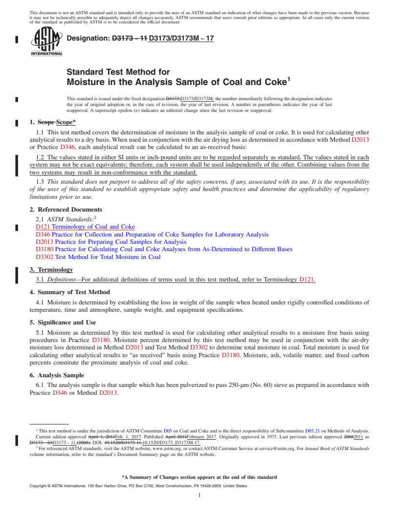 REDLINE ASTM D3173/D3173M-17 - Standard Test Method for  Moisture in the Analysis Sample of Coal and Coke