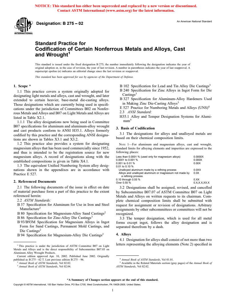 ASTM B275-02 - Standard Practice for Codification of Certain Nonferrous Metals and Alloys, Cast and Wrought