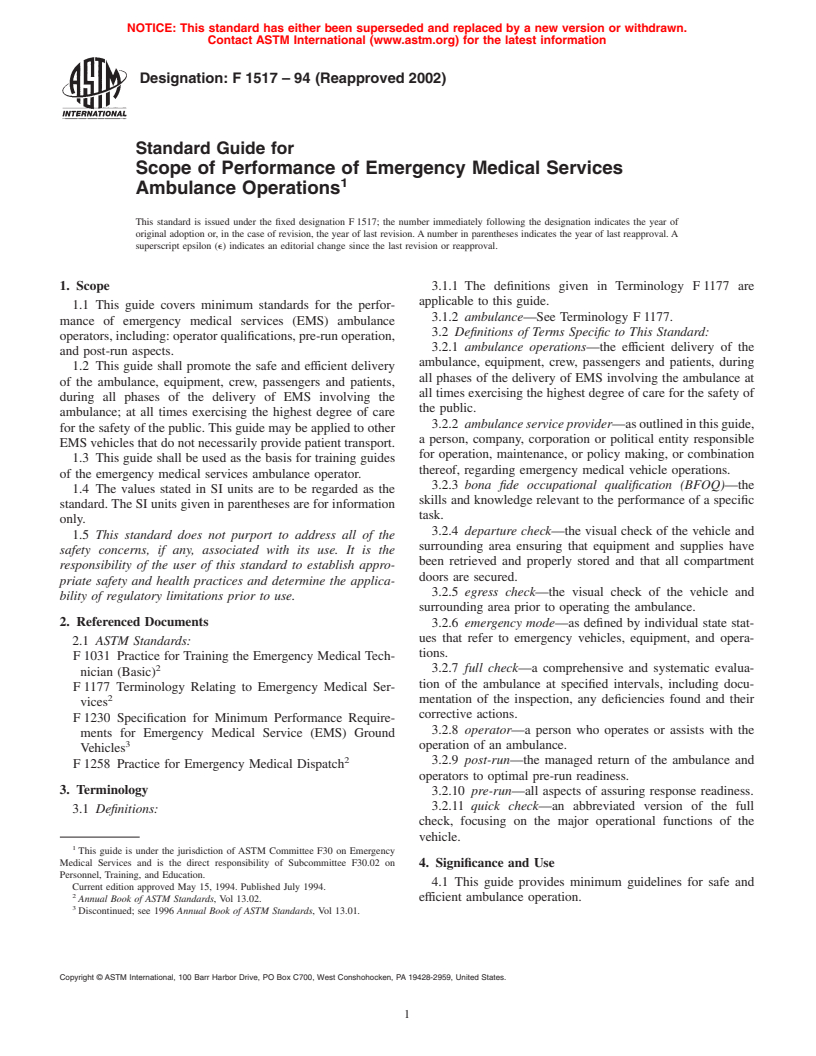 ASTM F1517-94(2002) - Standard Guide for Scope of Performance of Emergency Medical Services Ambulance Operations