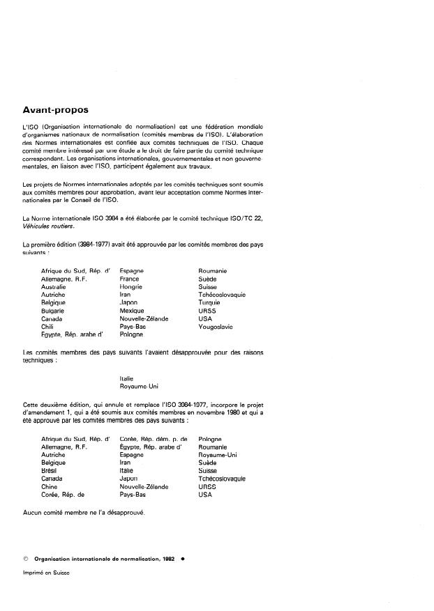 ISO 3984:1982 ISO 3984:1982 - Véhicules routiers -- Voitures particulieres -- Essai de collision arriere sur barriere mobile - Page 2 preview