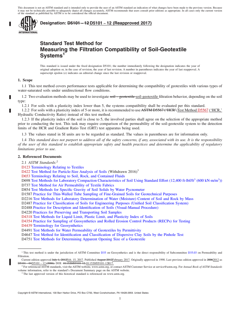 REDLINE ASTM D5101-12(2017) - Standard Test Method for  Measuring the Filtration Compatibility of Soil-Geotextile Systems