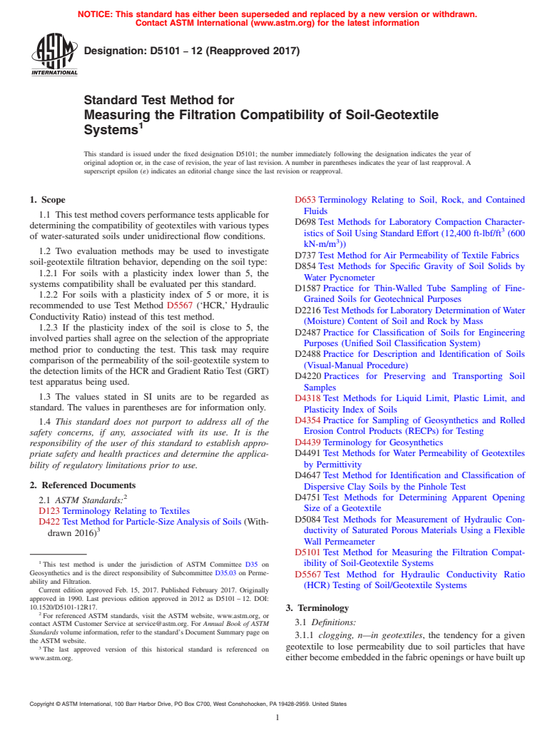 ASTM D5101-12(2017) - Standard Test Method for  Measuring the Filtration Compatibility of Soil-Geotextile Systems