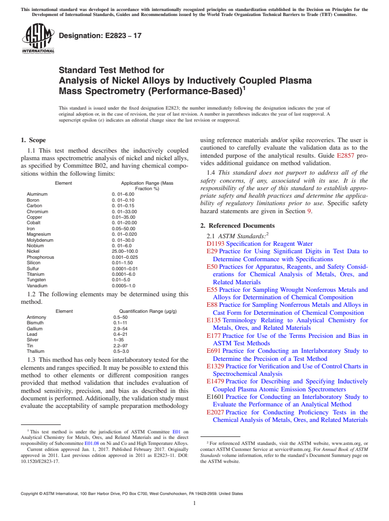 ASTM E2823-17 - Standard Test Method for  Analysis of Nickel Alloys by Inductively Coupled Plasma Mass  Spectrometry (Performance-Based)