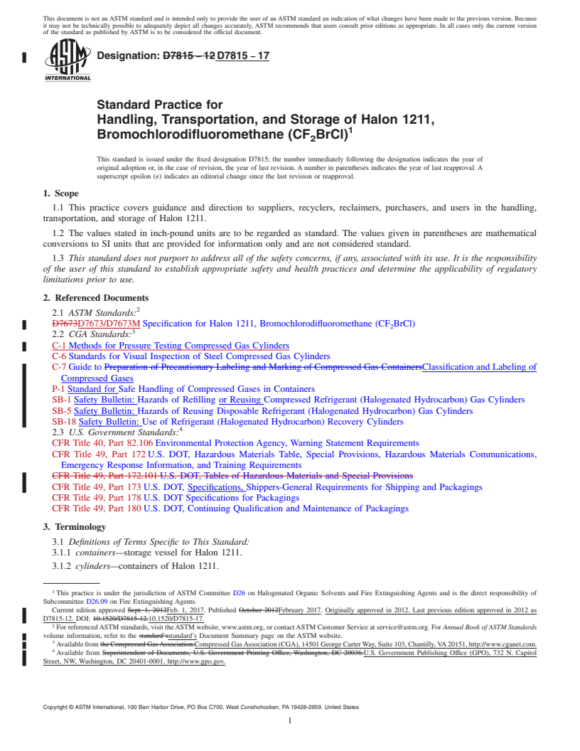 REDLINE ASTM D7815-17 - Standard Practice for Handling, Transportation, and Storage of Halon 1211, Bromochlorodifluoromethane  (CF<inf>2</inf>BrCl)