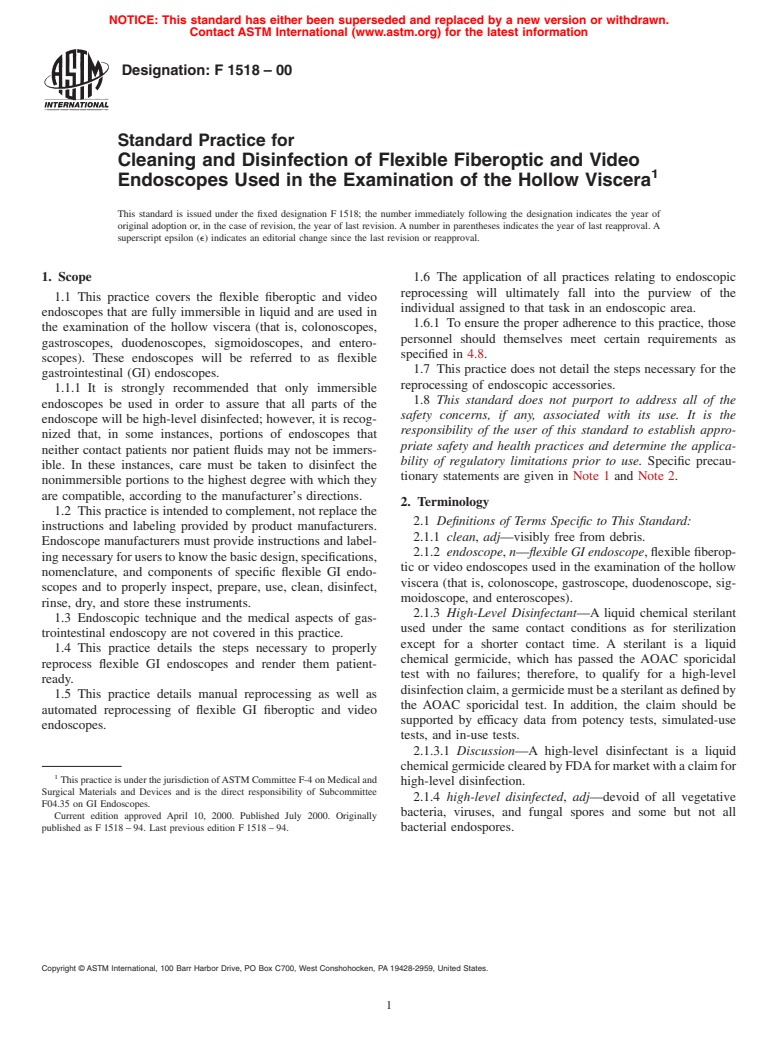 ASTM F1518-00 - Standard Practice for Cleaning and Disinfection of Flexible Fiberoptic and Video Endoscopes Used in the Examination of the Hollow Viscera (Withdrawn 2009)